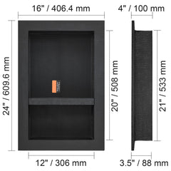 Shower Niche Ready for Tile 40.64 x 60.96 cm, 16 x 24 inch Double Shelf Organizer, Square Corners Wall-inserted Niche Recessed, Sealed Protection Modern Soap Storage Niche for Shower Bathroom, Black