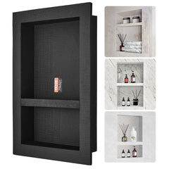 Shower Niche Ready for Tile 40.64 x 60.96 cm, 16 x 24 inch Double Shelf Organizer, Square Corners Wall-inserted Niche Recessed, Sealed Protection Modern Soap Storage Niche for Shower Bathroom, Black