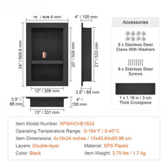 Shower Niche Ready for Tile 40.64 x 60.96 cm, 16 x 24 inch Double Shelf Organizer, Square Corners Wall-inserted Niche Recessed, Sealed Protection Modern Soap Storage Niche for Shower Bathroom, Black