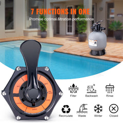 Sand Filter, 19-inch, 482.6mm, Up to 45 GPM Flow Rate, Above Inground Swimming Pool Sand Filter System with 7-Way Multi-Port Valve, Filter, Backwash, Rinse, Recirculate, Waste, Winter, Closed Functions