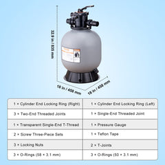Sand Filter, 19-inch, 482.6mm, Up to 45 GPM Flow Rate, Above Inground Swimming Pool Sand Filter System with 7-Way Multi-Port Valve, Filter, Backwash, Rinse, Recirculate, Waste, Winter, Closed Functions