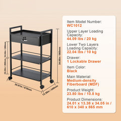 Beauty Salon Trolley Cart, 3-Tier Hair Salon Stations Cabinet for Stylist with Lockable Drawer, MDF Rolling Storage Station with 4 Wheels (2 Lockable) for Beauty SPA Barbershop Tattoo
