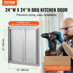 BBQ Access Door, 610x610 mm Double Outdoor Kitchen Door, Stainless Steel Flush Mount Door, Wall Vertical Door with Recessed Handles , for BBQ Island, Grilling Station, Outside Cabinet
