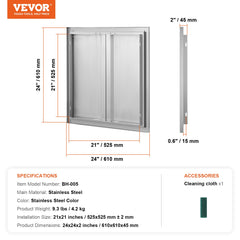 BBQ Access Door, 610x610 mm Double Outdoor Kitchen Door, Stainless Steel Flush Mount Door, Wall Vertical Door with Recessed Handles , for BBQ Island, Grilling Station, Outside Cabinet