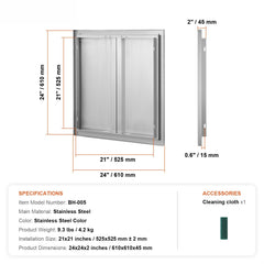 BBQ Access Door, 610x610 mm Double Outdoor Kitchen Door, Stainless Steel Flush Mount Door, Wall Vertical Door with Recessed Handles , for BBQ Island, Grilling Station, Outside Cabinet