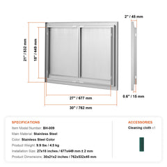 BBQ Access Door, 762x532 mm Double Outdoor Kitchen Door, Stainless Steel Flush Mount Door, Wall Vertical Door with Recessed Handles , for BBQ Island, Grilling Station, Outside Cabinet