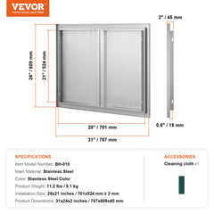 BBQ Access Door, 787x609 mm Double Outdoor Kitchen Door, Stainless Steel Flush Mount Door, Wall Vertical Door with Recessed Handles , for BBQ Island, Grilling Station, Outside Cabinet