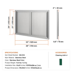 BBQ Access Door, 914x610 mm Double Outdoor Kitchen Door, Stainless Steel Flush Mount Door, Wall Vertical Door with Recessed Handles , for BBQ Island, Grilling Station, Outside Cabinet