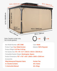 Gazebo Curtains Outdoor, Fit Most 10' x 10' x 6.7' Gazebos, 4-Panel Sidewall Gazebo Privacy Curtains with Zippers, Outdoor Curtain Replacement for Patio Canopy, Only Curtain, Khaki