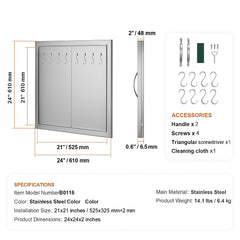 BBQ Access Door, 610x610 mm Double Outdoor Kitchen Door, Stainless Steel Flush Mount Door, Double Wall Vertical Door with Handles and Hooks, for BBQ Island, Grilling Station, Outside Cabinet