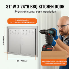 BBQ Access Door, 787x609 mm Double Outdoor Kitchen Door, Stainless Steel Flush Mount Door, Double Wall Vertical Door with Handles and Hooks, for BBQ Island, Grilling Station, Outside Cabinet
