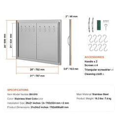 BBQ Access Door, 787x609 mm Double Outdoor Kitchen Door, Stainless Steel Flush Mount Door, Double Wall Vertical Door with Handles and Hooks, for BBQ Island, Grilling Station, Outside Cabinet