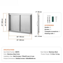 BBQ Access Door, 838x558 mm Double Outdoor Kitchen Door, Stainless Steel Flush Mount Door, Wall Vertical Door with Handles, for BBQ Island, Grilling Station, Outside Cabinet