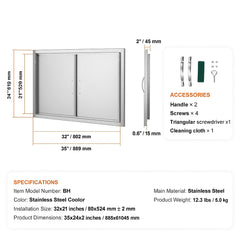 BBQ Access Door, 889x610 mm Double Outdoor Kitchen Door, Stainless Steel Flush Mount Door, Wall Vertical Door with Handles, for BBQ Island, Grilling Station, Outside Cabinet