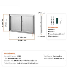 BBQ Access Door, 915x533 mm Double Outdoor Kitchen Door, Stainless Steel Flush Mount Door, Wall Vertical Door with Handles, for BBQ Island, Grilling Station, Outside Cabinet