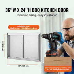 BBQ Access Door, 915x610 mm Double Outdoor Kitchen Door, Stainless Steel Flush Mount Door, Wall Vertical Door with Handles, for BBQ Island, Grilling Station, Outside Cabinet