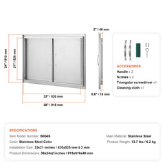 BBQ Access Door, 915x610 mm Double Outdoor Kitchen Door, Stainless Steel Flush Mount Door, Wall Vertical Door with Handles, for BBQ Island, Grilling Station, Outside Cabinet