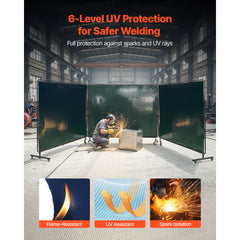 Welding Screen with Frame, 3-Panel 1.74 x 2.34m Welding Curtain Screen, Flame-Resistant Vinyl Protection Screens with 12 Wheels & 6-Level UV Protection for Workshop/Industrial Use, Dark Green