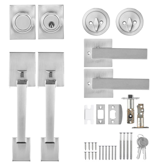 Double Door Handle Set, Satin Nickel Square Door Lever, Heavy Duty Double Front Door Handle Set with Dummy, Double Door Lock Set with Reversible Handle Lever, for Front Door or Office Door