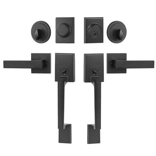Double Door Handle Set, Matte Black Square Door Lever, Heavy Duty Double Front Door Handle Set with Dummy, Double Door Lock Set with Reversible Handle Lever, for Front Door or Office Door
