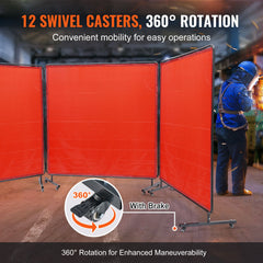 Welding Screen with Frame, 6' x 6' 3 Panel Welding Curtain Screens, Flame-Resistant Vinyl Welding Protection Screen on 12 Swivel Wheels (6 Lockable), Moveable & Professional for Workshop, Red