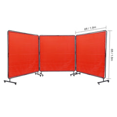 Welding Screen with Frame, 6' x 6' 3 Panel Welding Curtain Screens, Flame-Resistant Vinyl Welding Protection Screen on 12 Swivel Wheels (6 Lockable), Moveable & Professional for Workshop, Red