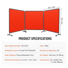 Welding Screen with Frame, 6' x 6' 3 Panel Welding Curtain Screens, Flame-Resistant Vinyl Welding Protection Screen on 12 Swivel Wheels (6 Lockable), Moveable & Professional for Workshop, Red