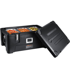 Insulated Food Pan Carrier, 36Qt Capacity, Stackable Catering Hot Box with 3 Stainless Steel Pans, Top Load LLDPE Food Warmer with Elastic Side Handles and Buckles, for Restaurant Canteen, Black