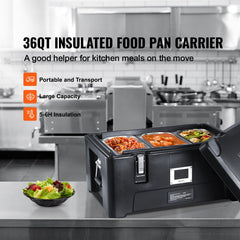 Insulated Food Pan Carrier, 36Qt Capacity, Stackable Catering Hot Box with 3 Stainless Steel Pans, Top Load LLDPE Food Warmer with Elastic Side Handles and Buckles, for Restaurant Canteen, Black
