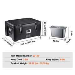 Insulated Food Pan Carrier, 36Qt Capacity, Stackable Catering Hot Box with 3 Stainless Steel Pans, Top Load LLDPE Food Warmer with Elastic Side Handles and Buckles, for Restaurant Canteen, Black