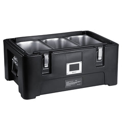 Insulated Food Pan Carrier, 36Qt Capacity, Stackable Catering Hot Box with 3 Stainless Steel Pans, Top Load LLDPE Food Warmer with Elastic Side Handles and Buckles, for Restaurant Canteen, Black