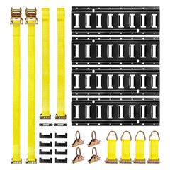 E-Track Tie-Down Rail Kit, 4 Pack 0.4 m E Tracks Set, 21 Pcs Includes 2 Ratchet Straps & 4 O-Rings & 4 Tie-Offs with D-Ring & 2 Single Slots & 8 End Caps & 1 Bag, Fit for Garages Vans Trailers