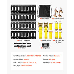 E-Track Tie-Down Rail Kit, 4 Pack 0.4 m E Tracks Set, 21 Pcs Includes 2 Ratchet Straps & 4 O-Rings & 4 Tie-Offs with D-Ring & 2 Single Slots & 8 End Caps & 1 Bag, Fit for Garages Vans Trailers