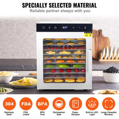 10 Trays Food Dehydrator Machine Stainless Steel 800W Jerky Fruit Drying