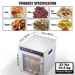 10 Trays Food Dehydrator Machine Stainless Steel 800W Jerky Fruit Drying