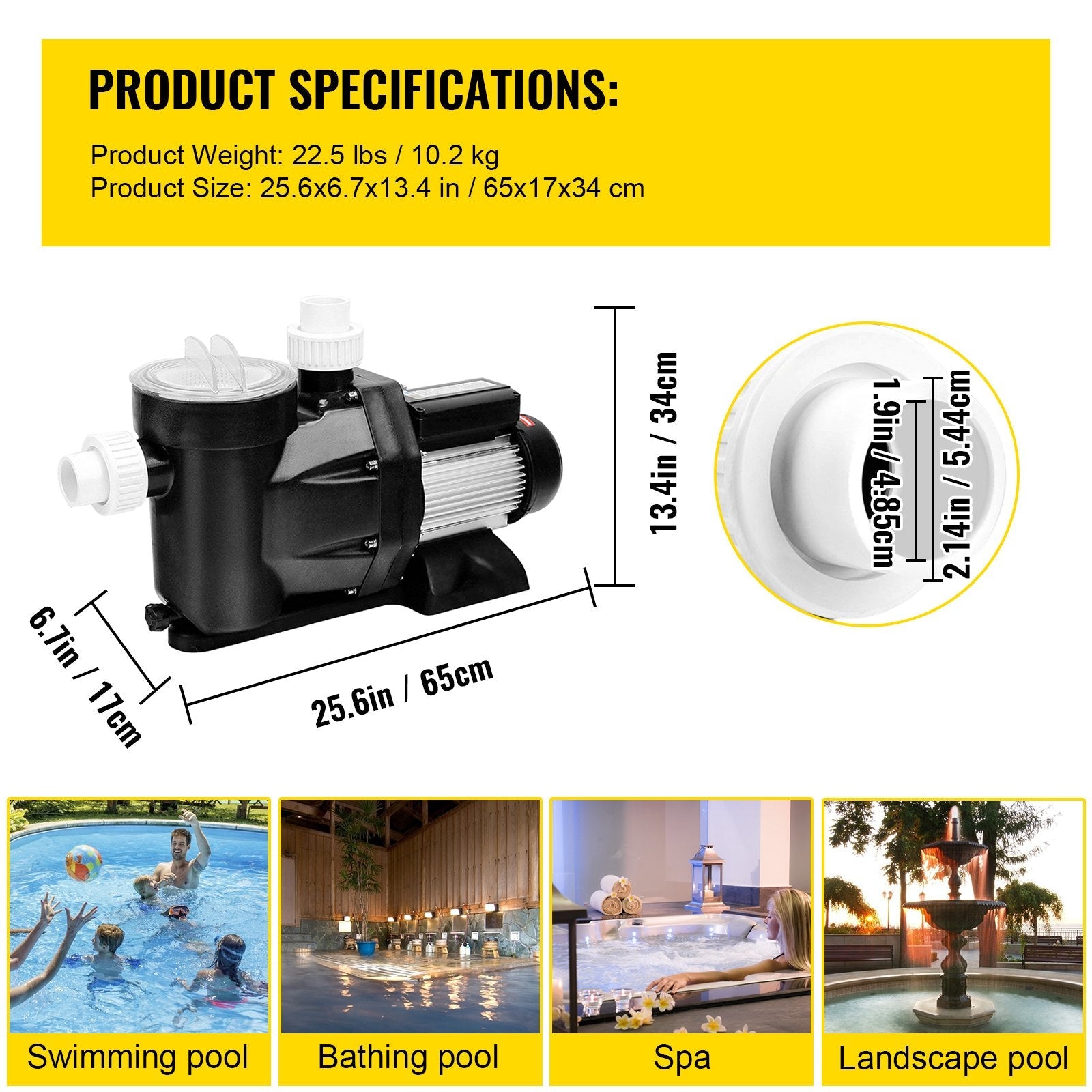 Vevor pool pump with product specifications and usage scenarios on a yellow background