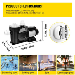 Vevor pool pump with product specifications and usage scenarios on a yellow background