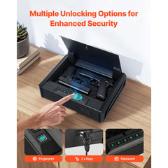 Gun Safe, Heavy Duty Handgun Safe with Fingerprint/Password/Key, 3-Way Quick Access Firearm Case Box with Lighting for 2 Pistols & 2 Magazines, Pistol Gun Box for Nightstand Bedside Desk Car