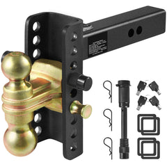 Adjustable Trailer Hitch, 152.4 mm Drop & 114.3 mm Rise Hitch Ball Mount with 50.8 mm Receiver, Solid Tube, 6350 kg GTW, 50.8 mm and 58.7 mm 45# Steel Tow Balls with Key Lock for Truck Towing