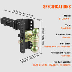 Adjustable Trailer Hitch, 152.4 mm Drop & 114.3 mm Rise Hitch Ball Mount with 50.8 mm Receiver, Solid Tube, 6350 kg GTW, 50.8 mm and 58.7 mm 45# Steel Tow Balls with Key Lock for Truck Towing