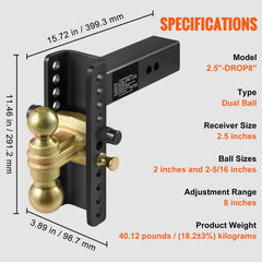 Adjustable Trailer Hitch, 203.2 mm Drop & 165.1 mm Rise Hitch Ball Mount with 63.5 mm Receiver, Solid Tube, 6577 kg GTW, 50.8 mm & 58.7 mm 45# Steel Tow Balls with Key Lock for Truck Towing