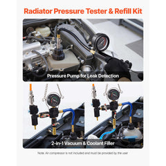 Coolant Pressure Tester Kit, 47Pcs Radiator Vacuum Refill Kit with 3 Metal Adapters, Universal Fit, Automotive Cooling System Pressure Tester Tool, with Pressures Pump & Plastic Filler