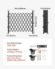 Single Folding Security Gate, 85" H x 95" W Folding Door Gate, Steel Accordion Security Gate, Flexible Expanding Security Gate, Rolling Barricade Gate, Scissor Gate/Door with Padlock