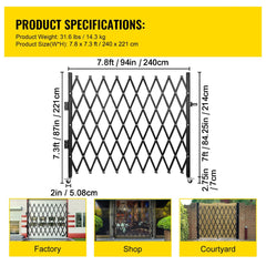 Single Folding Security Gate, 85" H x 95" W Folding Door Gate, Steel Accordion Security Gate, Flexible Expanding Security Gate, Rolling Barricade Gate, Scissor Gate/Door with Padlock