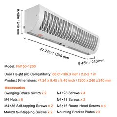 1.2m Commercial Indoor Air Curtain Super Power 2 Speeds 2802m_/h, UL Certified Wall Mounted Air Curtains for Doors, Indoor Over Door Fan with Heavy Duty Limit Switch, Easy-Install Unheated