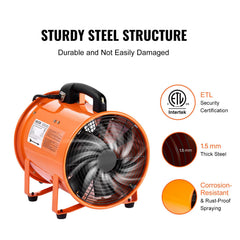 Portable Ventilator, 254mm/10inch Heavy Duty Cylinder Fan with 10m Duct Hose, 300W Strong Shop Exhaust Blower 1720CFM, Industrial Utility Blower for Sucking Dust, Smoke, Smoke Home/Workplace