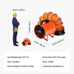 Portable Ventilator, 254mm/10inch Heavy Duty Cylinder Fan with 10m Duct Hose, 300W Strong Shop Exhaust Blower 1720CFM, Industrial Utility Blower for Sucking Dust, Smoke, Smoke Home/Workplace