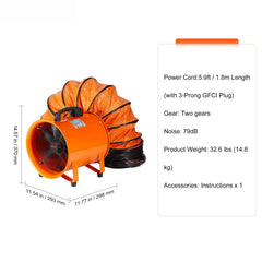 Portable Ventilator, 254mm/10inch Heavy Duty Cylinder Fan with 10m Duct Hose, 300W Strong Shop Exhaust Blower 1720CFM, Industrial Utility Blower for Sucking Dust, Smoke, Smoke Home/Workplace