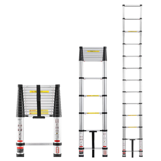 3.8m Telescoping Ladder, Aluminum Lightweight Multi-Purpose Collapsible Extension, One-Touch Retraction Ladder, Heavy Duty 150kg Max Capacity with Non-Slip Feet, for Home, Outdoor Work, Loft