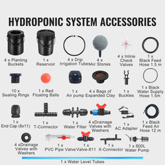 RDWC Hydroponics Grow System, Hydroponic Growing Kit with Top Drip, Recirculating Deep Water Culture 4 Buckles and 1 Reservoir, with Air Pump and Water Level Device for Leafy Vegetables